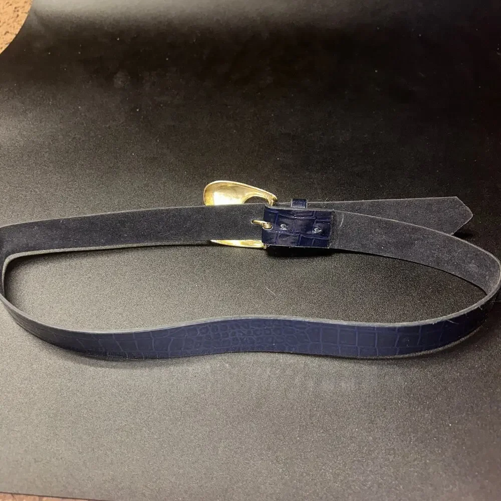 Navy Blue Faux Leather Textured Gold-Tone Hardware Belt Women's 30